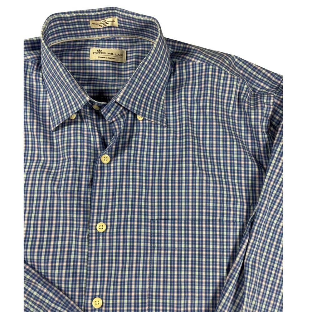 Peter Millar Crown Comfort Blue Gingham Check Button Down Shirt Mens Large
